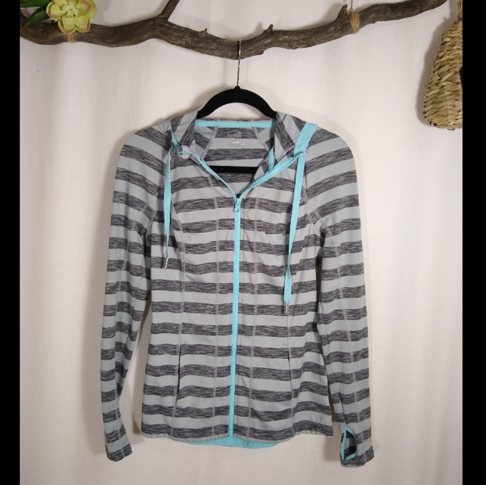 Lukka gray stripe with blue trim zip up hoodie athletic jacket